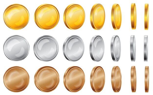 Monedas realistas conjunto transparente de iconos aislados con artículos de moneda de diez centavos de color oro plata y bronce ilustración vectorial