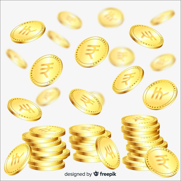 Monedas de rupias indias doradas y apiladas realistas 
