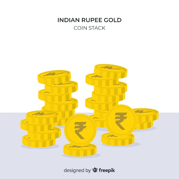Monedas de rupias indias doradas y apiladas