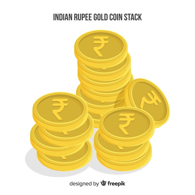 Monedas de rupias indias doradas y apiladas