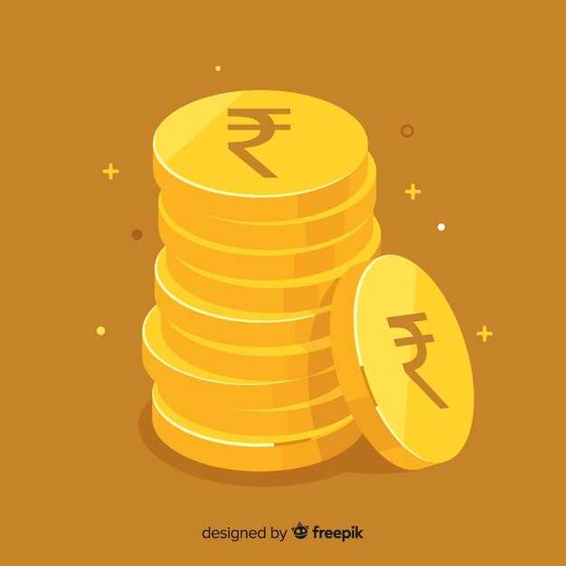 Monedas de rupias indias doradas y apiladas