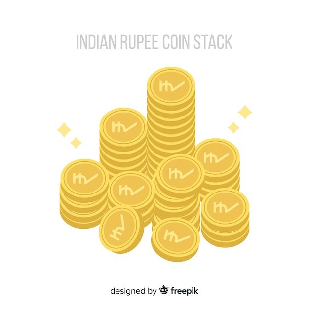 Monedas de rupias indias doradas y apiladas