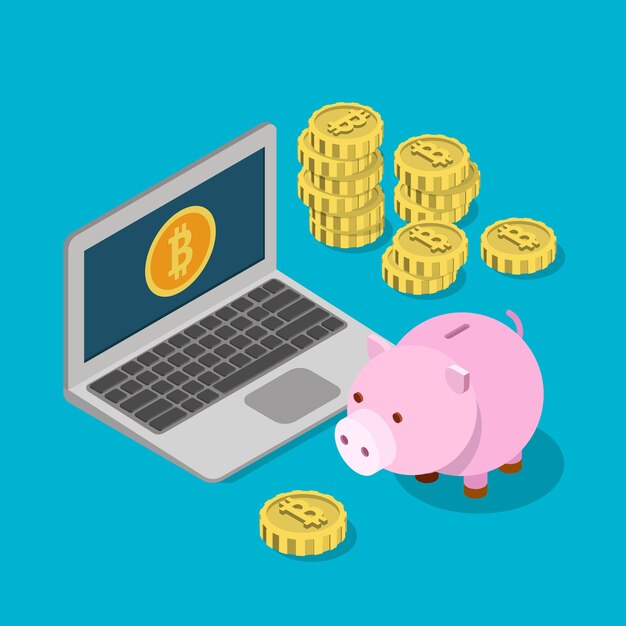 Monedero de billetera de ahorros de caja de dinero bitcoin isométrica plana