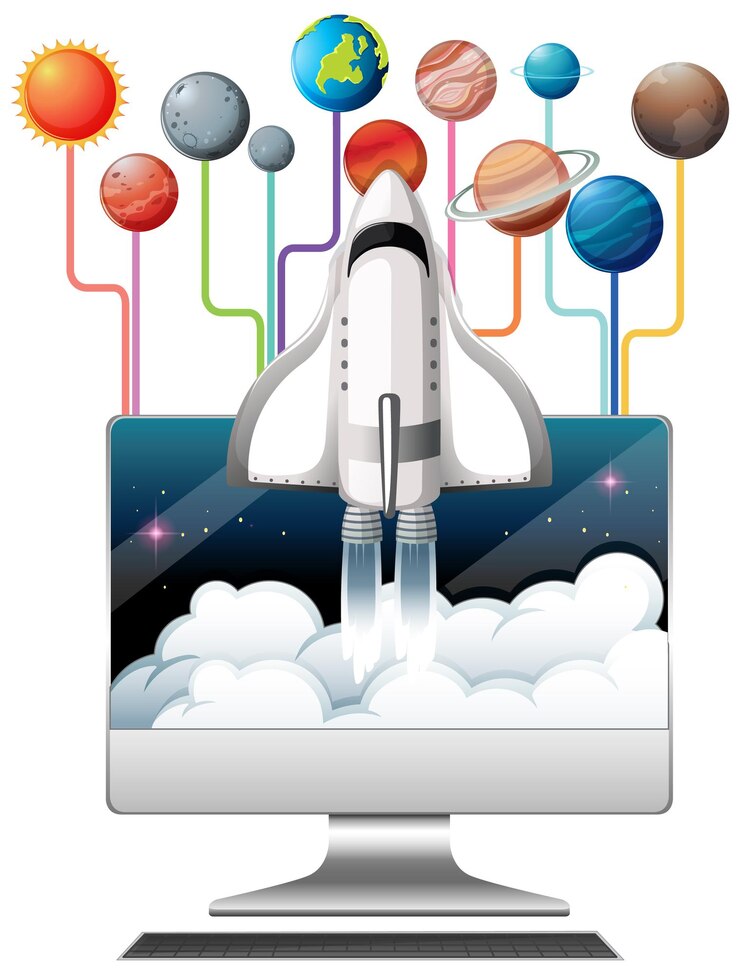 Vector gratuito monitor de computadora con nave espacial y planetas.