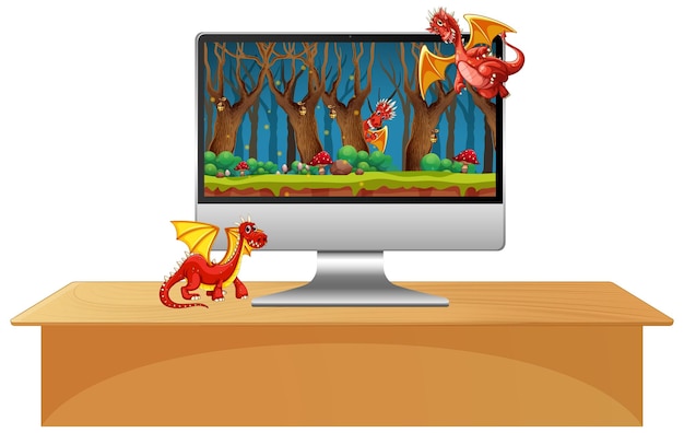 Monitor de computadora sobre la mesa con personaje de dibujos animados de dragón en pantalla