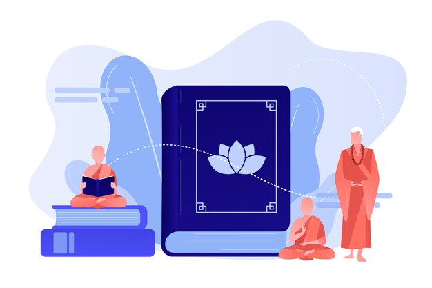 Monjes budistas con túnicas naranjas meditando y leyendo, gente diminuta. Budismo Zen, lugar de culto del budismo, concepto de libro sagrado budista. Ilustración aislada de bluevector coral rosado