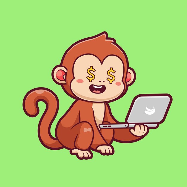 Monkey lindo trabajando en la computadora portátil dibujos animados icono vectorial ilustración tecnología animal aislado plano