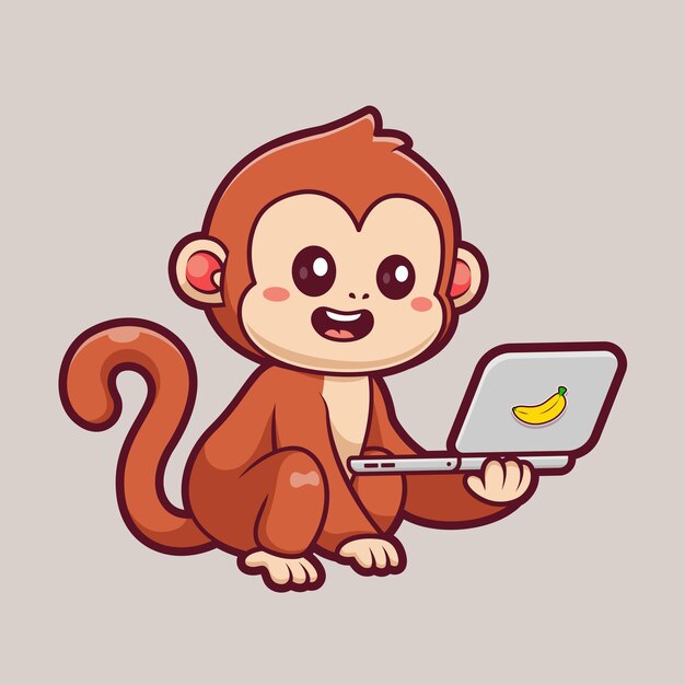 Monkey lindo trabajando en la computadora portátil dibujos animados icono vectorial ilustración tecnología animal aislado plano