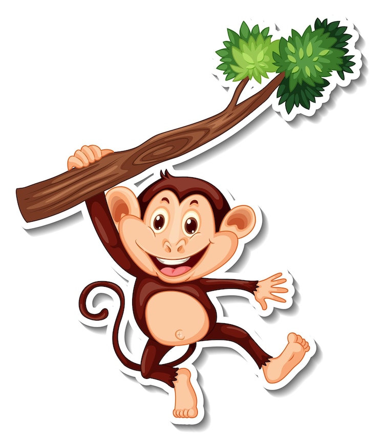 Vector gratuito mono colgando de la rama de un árbol pegatina de personaje de dibujos animados