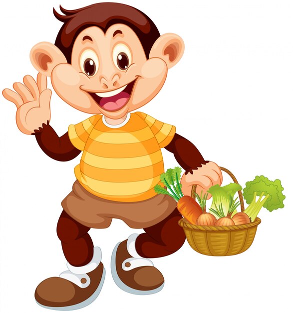 Mono feliz con cesta de verduras