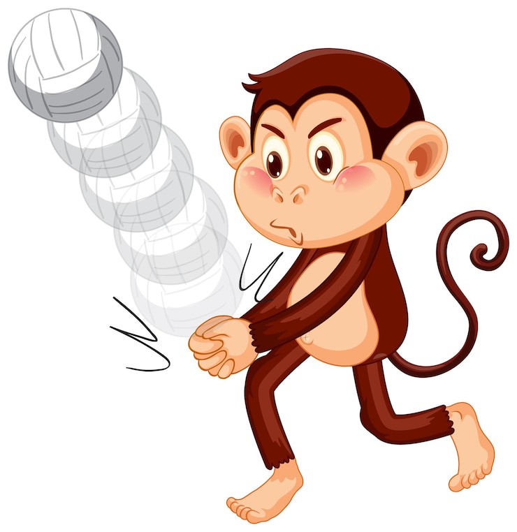 Vector gratuito mono jugando voleibol personaje de dibujos animados