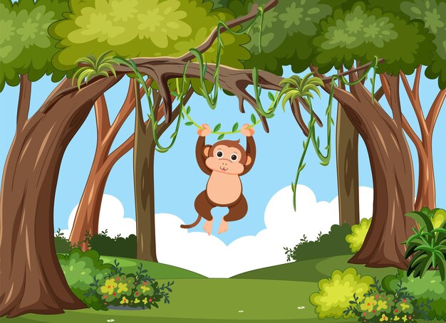 Un mono juguetón balanceándose en el bosque