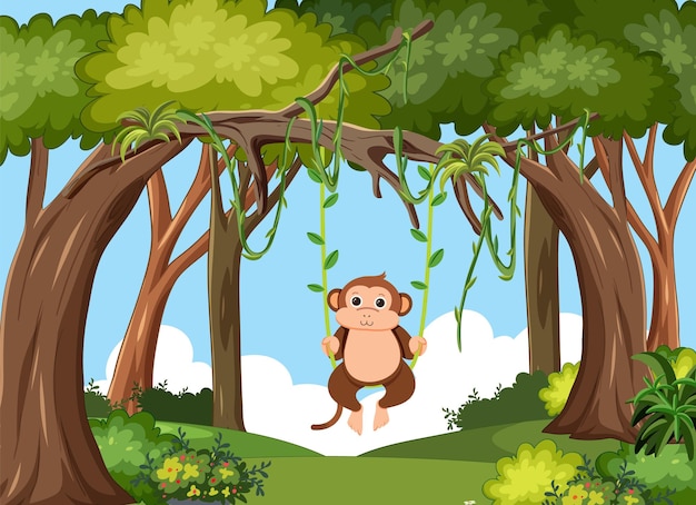 Un mono juguetón balanceándose en el bosque