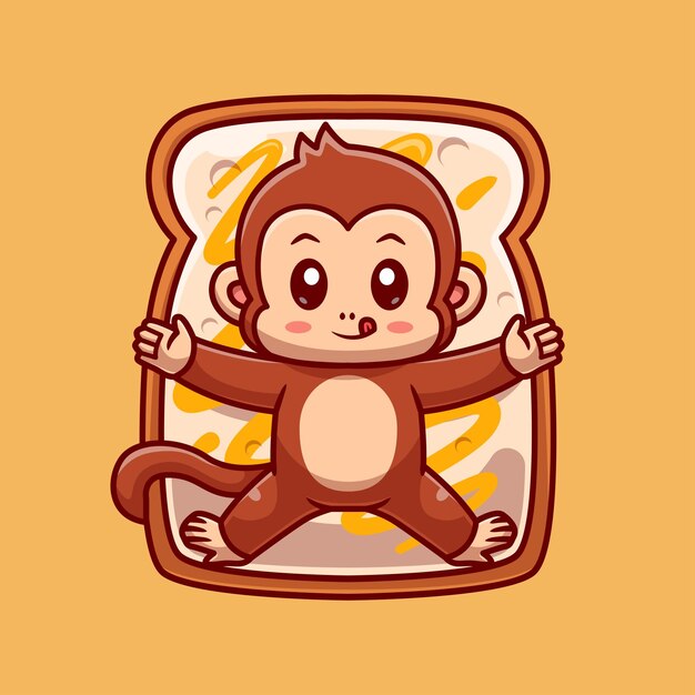 Mono lindo acostado en el pan con mermelada de plátano Icono vectorial de dibujos animados Ilustración de alimentos para animales aislados planos