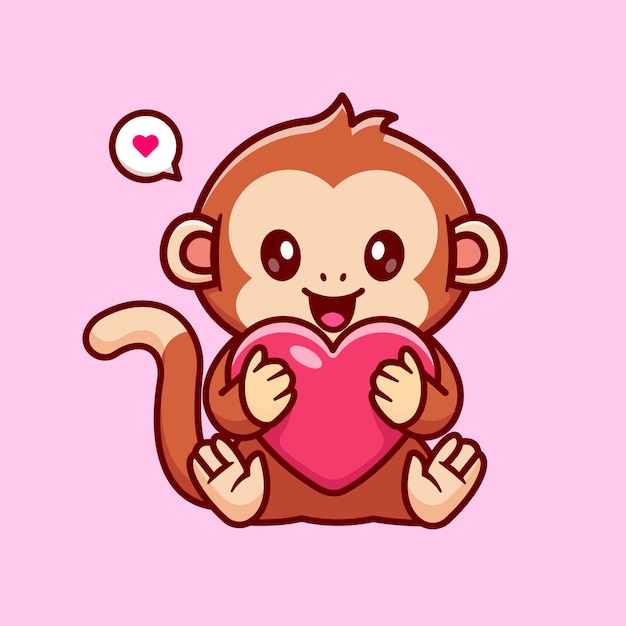 Mono lindo con ilustración de icono de vector de dibujos animados de corazón de amor. Concepto de icono de naturaleza animal aislado