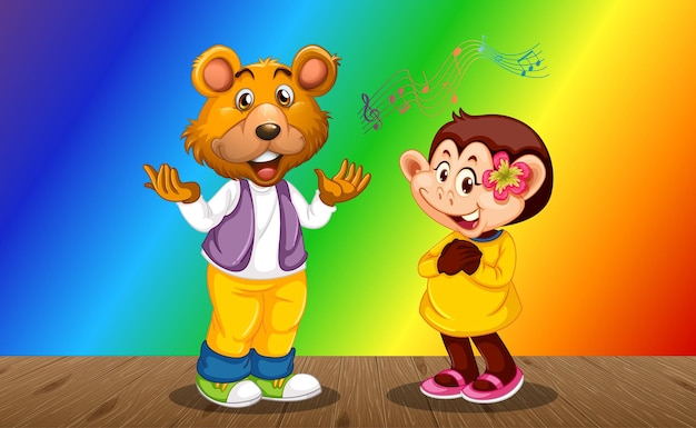 Mono con personaje de dibujos animados de oso sobre fondo degradado de arco iris