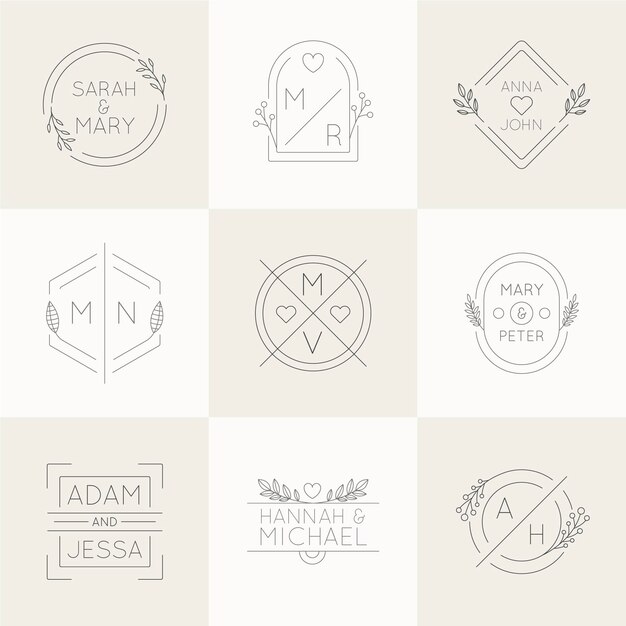 Monogramas de boda de diseño plano lineal.