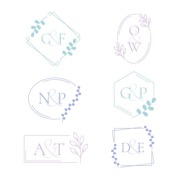 Monogramas de boda minimalistas en colores pastel.
