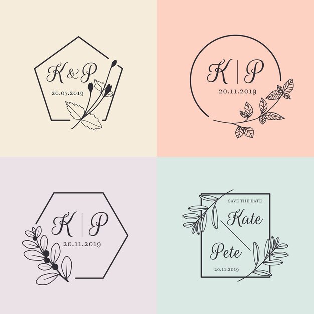 Monogramas de boda minimalistas en colores pastel.