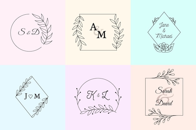 Monogramas de boda minimalistas en colores pastel.