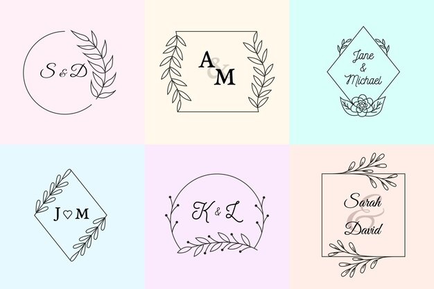 Monogramas de boda minimalistas en colores pastel.