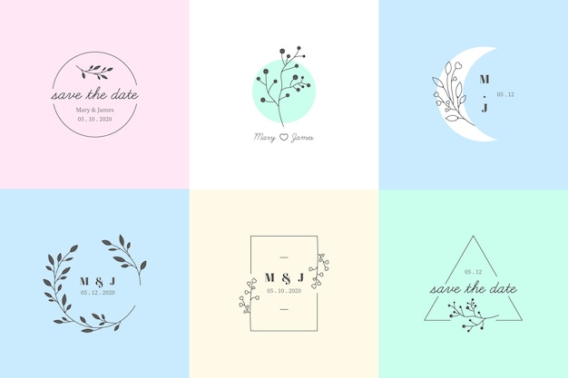 Monogramas de boda minimalistas en colores pastel.