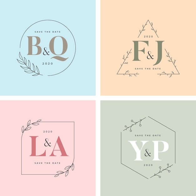 Monogramas de boda minimalistas en colores pastel.