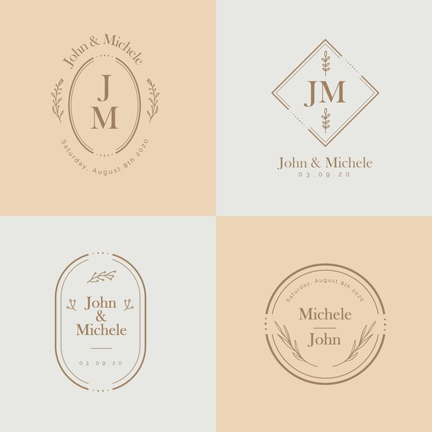 Monogramas de boda minimalistas en colores pastel.
