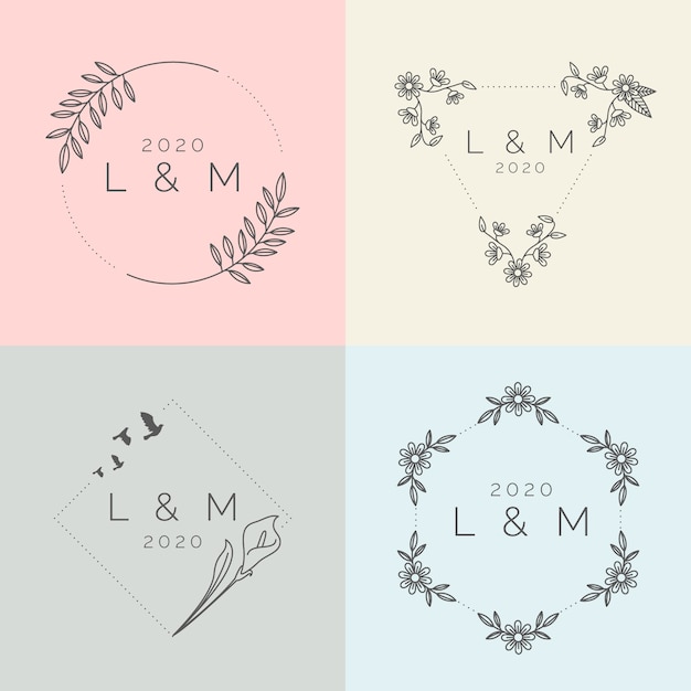 Monogramas de boda minimalistas en colores pastel.