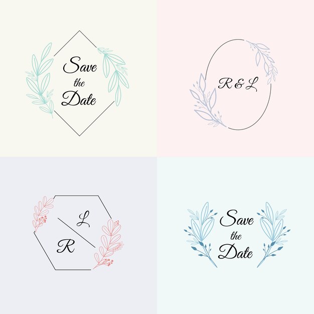 Monogramas de boda minimalistas en colores pastel.