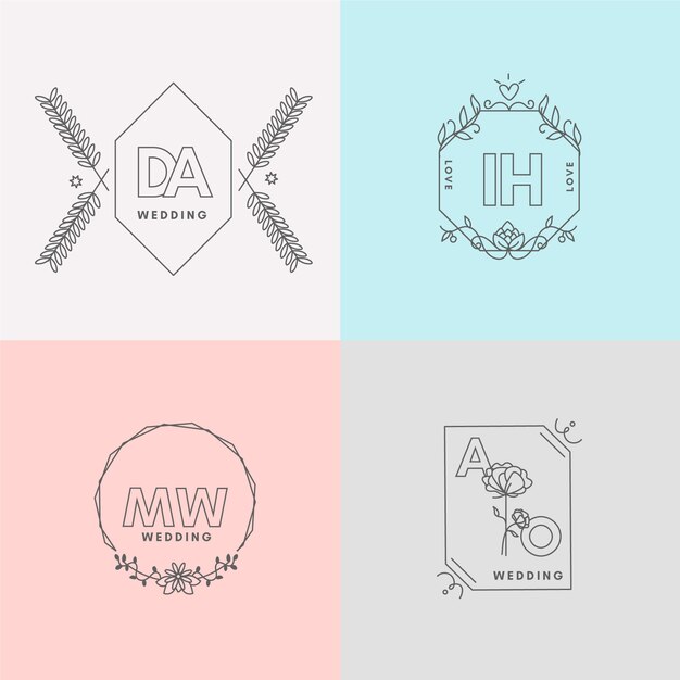 Monogramas de boda minimalistas en colores pastel.