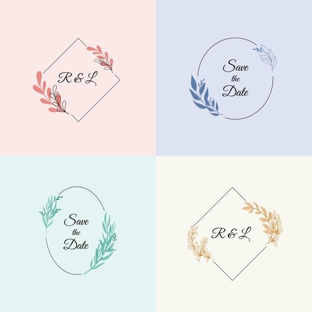 Monogramas de boda minimalistas en colores pastel.
