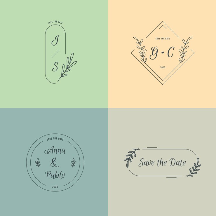 Vector gratuito monogramas de boda minimalistas en colores pastel.
