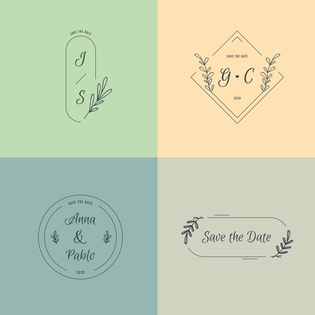 Monogramas de boda minimalistas en colores pastel.