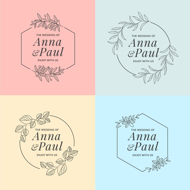 Monogramas de boda minimalistas en colores pastel.