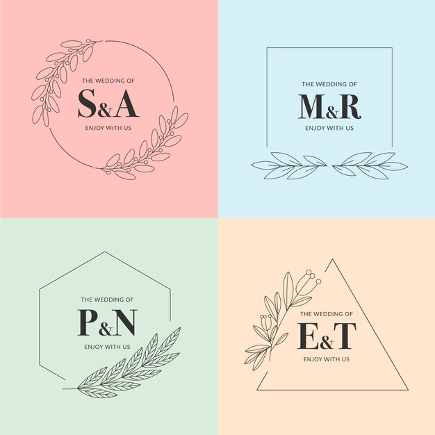 Monogramas de boda minimalistas en colores pastel.