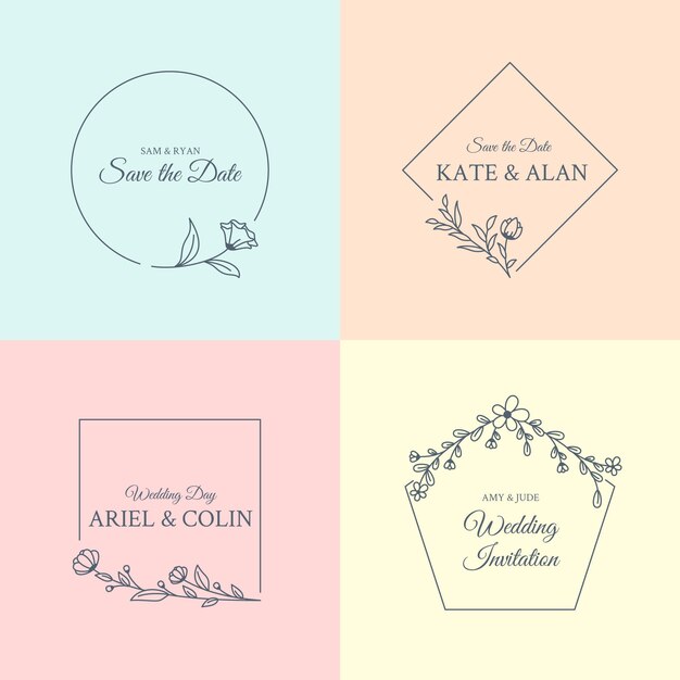 Monogramas de boda minimalistas en colores pastel.