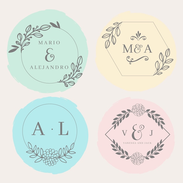 Monogramas de boda minimalistas en colores pastel.