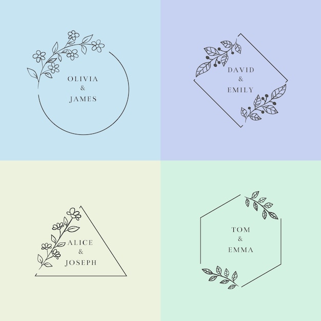 Monogramas de boda minimalistas en colores pastel.