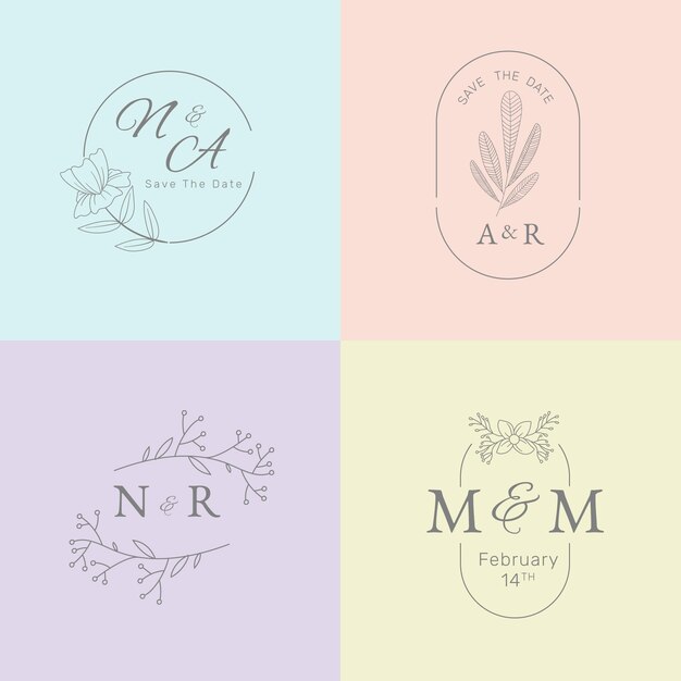 Monogramas de boda minimalistas en colores pastel.