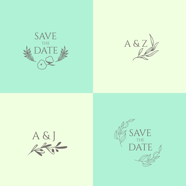 Monogramas de boda minimalistas en colores pastel.
