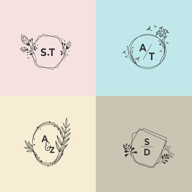 Monogramas de boda minimalistas en colores pastel.