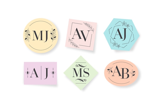 Monogramas de boda minimalistas en colores pastel.