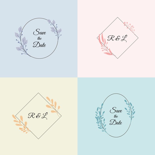Monogramas de boda minimalistas coloridos en colores pastel