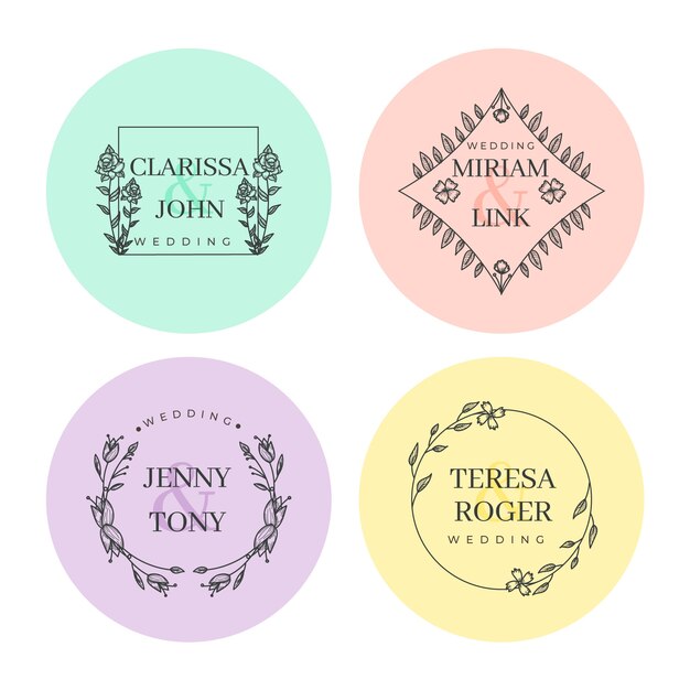 Monogramas de boda minimalistas coloridos en colores pastel