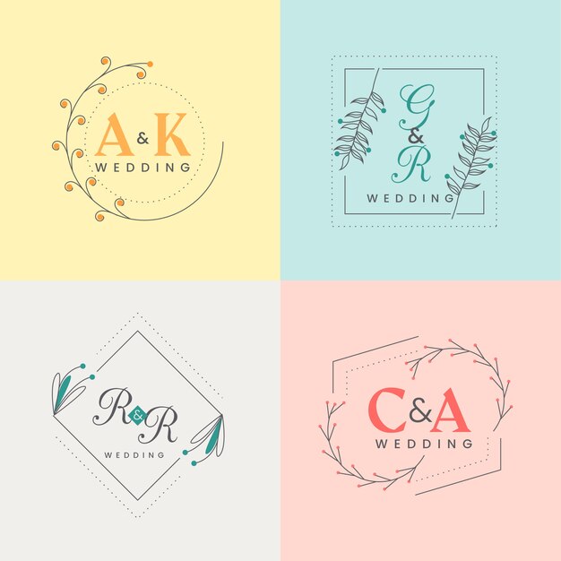 Monogramas de boda minimalistas coloridos en colores pastel