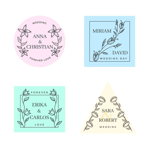 Monogramas de boda minimalistas coloridos en colores pastel
