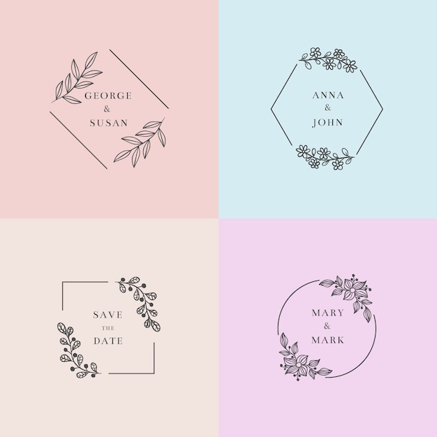 Monogramas de boda minimalistas coloridos en colores pastel