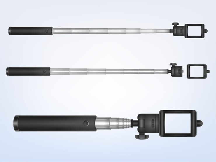 Vector gratuito monopod realista 3d para smartphone, mango plegable. soporte de teléfono para foto, selfiestick