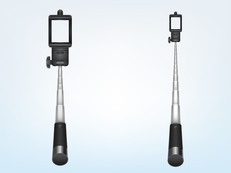 Vector gratuito monopod telescópico realista 3d para el smartphone, doblando la manija. soporte de teléfono para foto, selfi